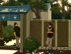 Картинка аниме naruto дом art uchiha clan itachi shisui деревья