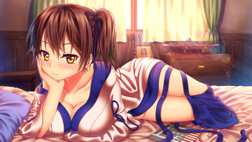 Картинка аниме kantai+collection корабль свет шторы подушка кровать комод ленты комната кимоно окно девушка