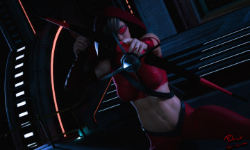 Картинка 3д+графика люди+ people взгляд рендеринг девушка очки костюм капюшон лук