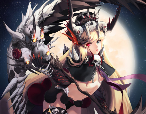 Обои картинки фото аниме, -angels & demons, взгляд, коса, девушка, hyeona, оружие, трусики, art, грудь, ночь, магия