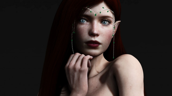Обои картинки фото 3д графика, эльфы , elves, рендеринг, эльфийка, уши, взгляд, веснушки, рыжая, украшение, фон