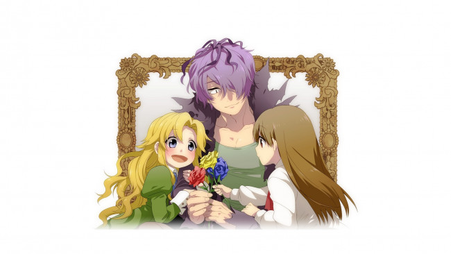 Обои картинки фото аниме, ib, mary, рамка, розы, garry, eve, белый, фон, девушки, мужчина