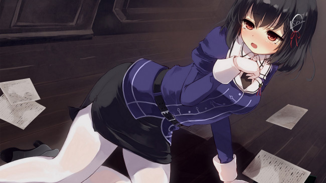 Обои картинки фото аниме, kantai collection, арт, девушка, бумаги, листы, деловой, костюм, слёзы, лежит