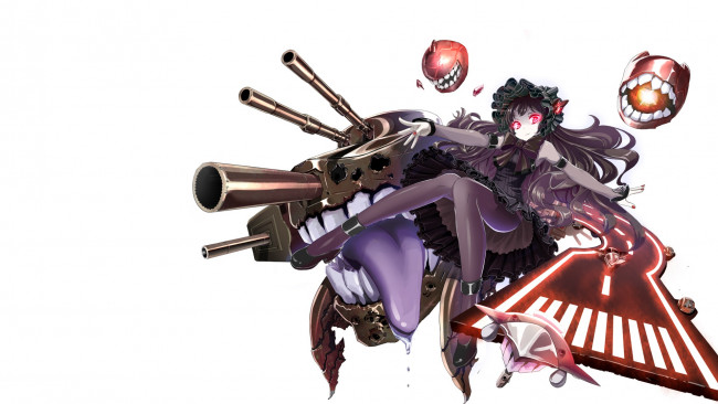 Обои картинки фото аниме, kantai collection, демоны, оружие, девушка, белый, фон