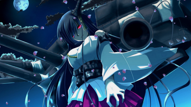 Обои картинки фото аниме, kantai collection, красные, глаза, оружие, лепестки, облака, луна, девушка, ночь