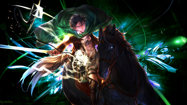 Обои картинки фото аниме, shingeki no kyojin, levi, капрал, мужчина, лошадь, атака, титанов