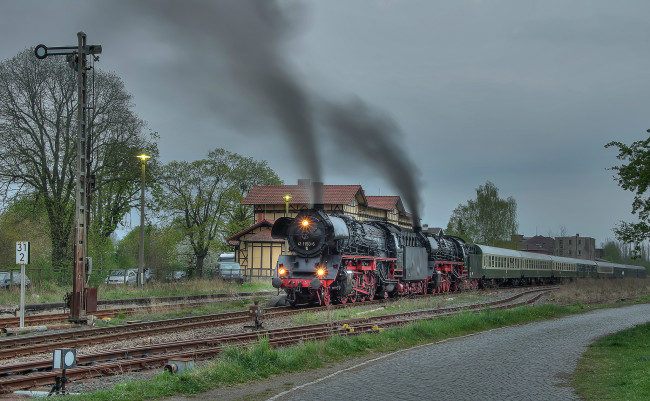 Обои картинки фото техника, паровозы, вагоны, паровоз, рельсы, дорога, железная