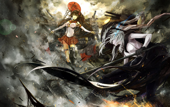 Обои картинки фото аниме, kantai collection, дым, арт, девушки, оружие, технологии