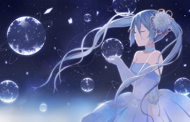 Обои картинки фото аниме, vocaloid, волосы, цветы, звёзды, планеты, космос, hatsune, miku, девушка, арт