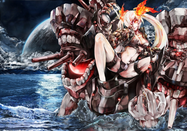 Обои картинки фото аниме, kantai collection, огонь, монстр, вода, девушка, зубы, пламя, планета, волны, небо, облака, оружие