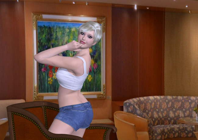 Обои картинки фото 3д графика, люди , people, улыбка, блондинка, взгляд, девушка