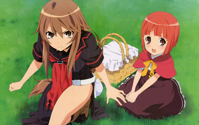 Обои картинки фото аниме, ookami-san to shichinin no nakama-tachi, девушки, взгляд, фон