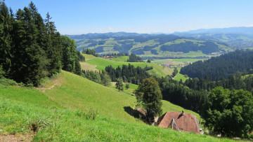 Картинка природа пейзажи холмы деревья дома поля