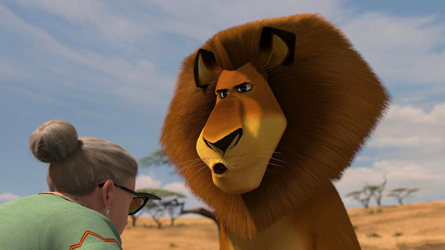 Обои картинки фото мультфильмы, madagascar,  escape 2 africa, бабушка, очки, лев