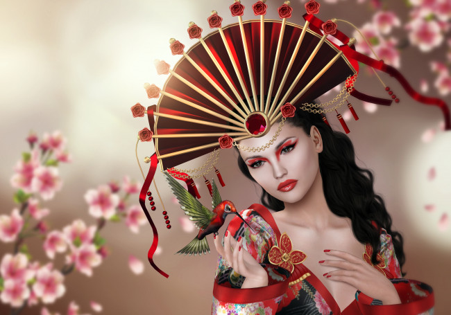 Обои картинки фото 3д графика, портрет , portraits, цветы, девушка, колибри