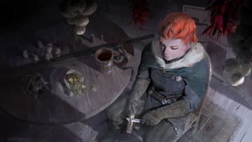 Картинка фэнтези девушки девушка рыжая стол деньги фигурки