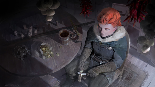 Обои картинки фото фэнтези, девушки, девушка, рыжая, стол, деньги, фигурки