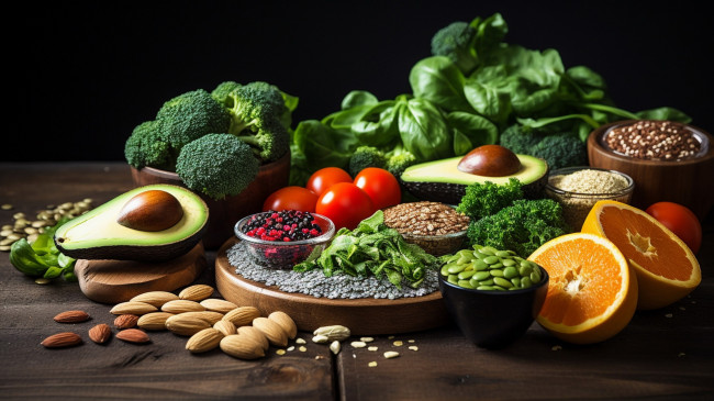 Обои картинки фото еда, разное, брокколи, авокадо, базилик, орехи, помидоры