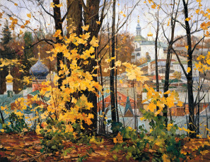 обоя времена года,  осень в печорах, рисованное, василий нестеренко, осень, деревья, собор