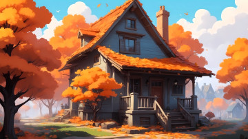 обоя рисованное, города, дом, осень, деревья, листья