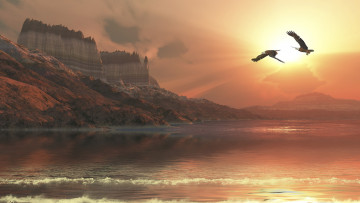 Картинка 3д графика nature landscape природа горы закат вода птицы