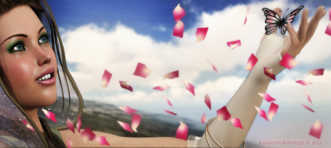 Обои картинки фото 3д, графика, people, люди, девушка, бабочка, лепестки