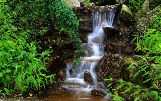 Обои картинки фото природа, водопады, зелень, камни, ручей