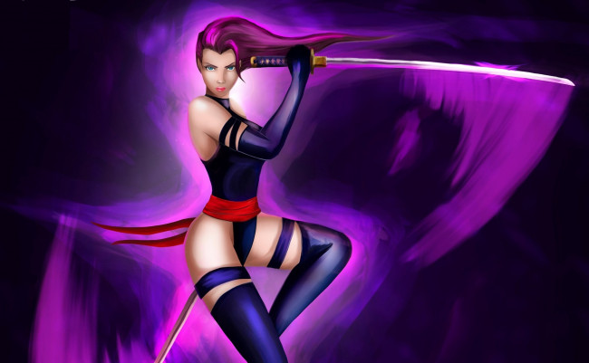 Обои картинки фото фэнтези, девушки, костюм, оружие, взгляд