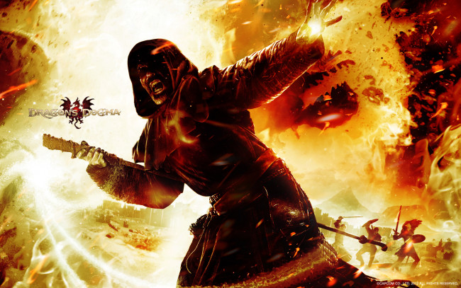 Обои картинки фото видео игры, dragon`s dogma, монах, dogma, игра, dragon's, атака, пламя
