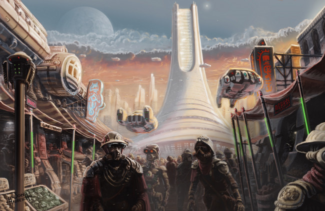 Обои картинки фото фэнтези, иные миры,  иные времена, рынок, роботы, мир, иной, люди, мегаполис, будущее