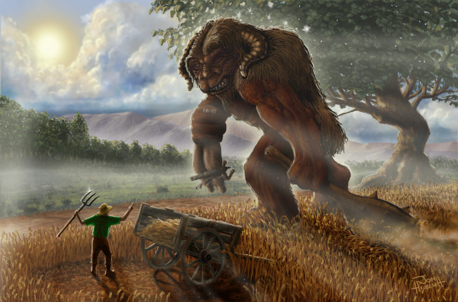 Обои картинки фото фэнтези, существа, поле, повозка, крестьянин, монстр, огр, гигант