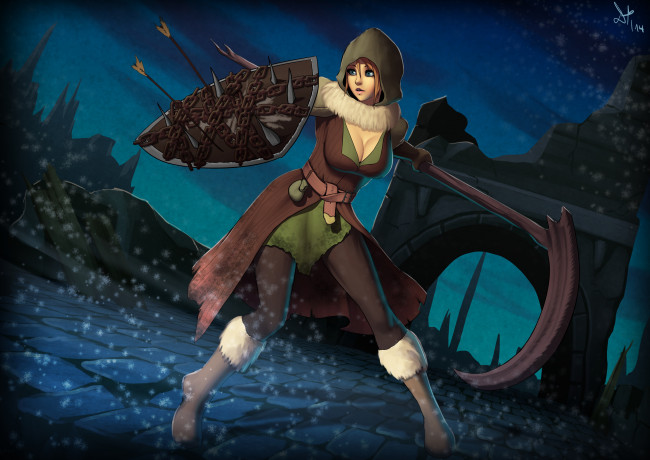 Обои картинки фото фэнтези, девушки, взгляд, девушка, щит, оружие, фон