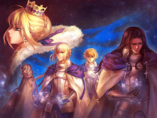 Картинка аниме fate zero магия крест lancer косичка saber stay night корона плащ доспехи рыцари