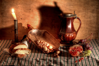 Картинка еда натюрморт хлеб свеча фрукты орехи