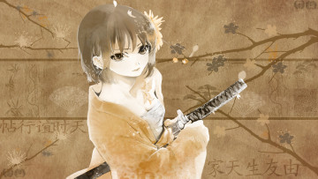 Картинка аниме оружие +техника +технологии катана иероглифы бандаж девушка ветки веер