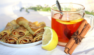 Картинка еда блины +оладьи блинчики джем чай лимон корица бадьян