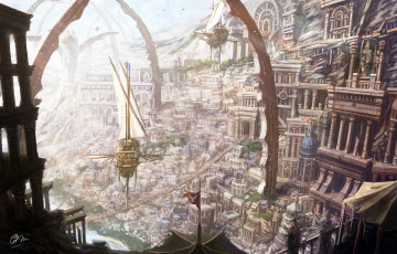 Картинка аниме город +улицы +здания фантастика makkou4 корабли