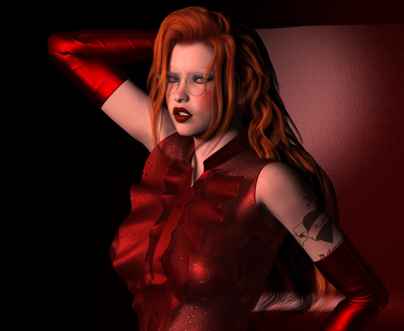 Обои картинки фото 3д графика, люди , people, очки, рыжая, фон, взгляд, девушка