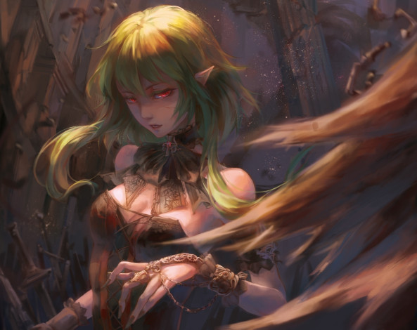 Обои картинки фото аниме, vocaloid, эльф, ушки, крылья, gumi, девушка, jlien-, арт