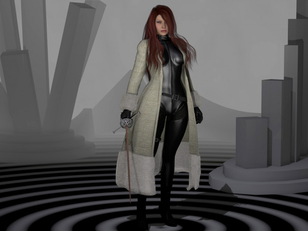 Обои картинки фото 3д графика, люди , people, шпага, фон, взгляд, девушка