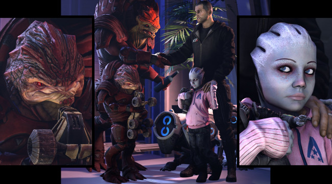 Обои картинки фото видео игры, mass effect, mass, effect, urdnot, wrex, krogan, дети, shepard, fan, art, asari