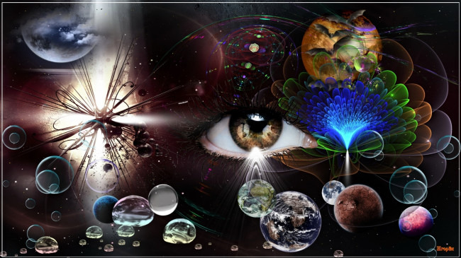 Обои картинки фото 3д графика, глаза , eyes, капли, планеты, абстракция, взгляд, глаз