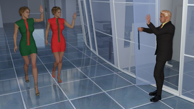 Обои картинки фото 3д графика, фантазия , fantasy, коридор, мужчина, фон, взгляд, девушки