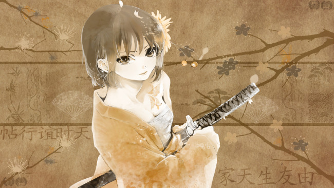 Обои картинки фото аниме, оружие,  техника,  технологии, катана, иероглифы, бандаж, девушка, ветки, веер