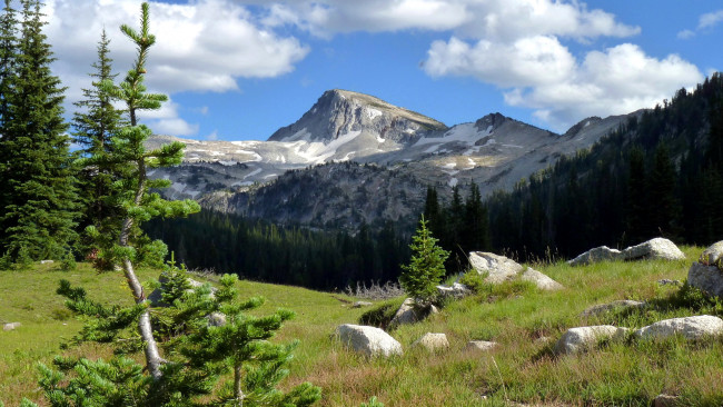 Обои картинки фото природа, горы, небо, облака, деревья, камни