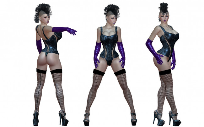 Обои картинки фото 3д графика, люди , people, корсет, чулки, ирокез, взгляд, девушка, фон, туфли, перчатки