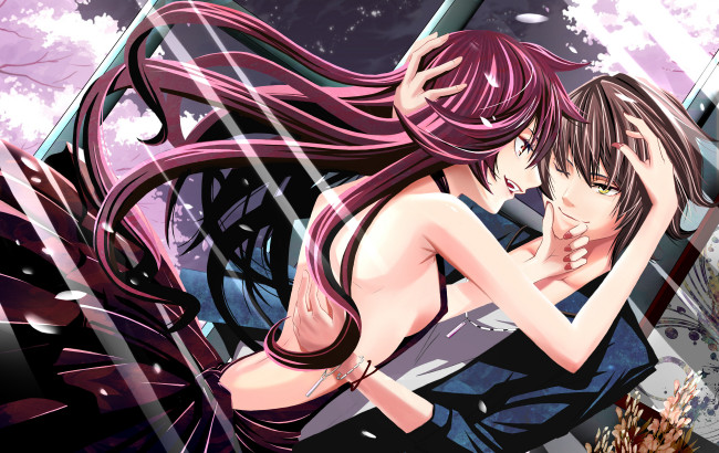 Обои картинки фото аниме, unknown,  другое, окна, весна, лепестки, сакура, солнечные, лучи, парень, девушка, mikoma, sanagi, арт