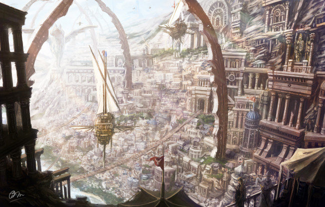 Обои картинки фото аниме, город,  улицы,  здания, фантастика, makkou4, корабли