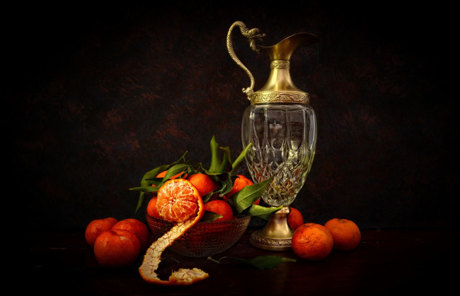 Обои картинки фото еда, цитрусы, графин, мандарины