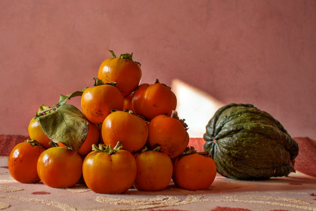 Обои картинки фото еда, фрукты и овощи вместе, хурма, тыква